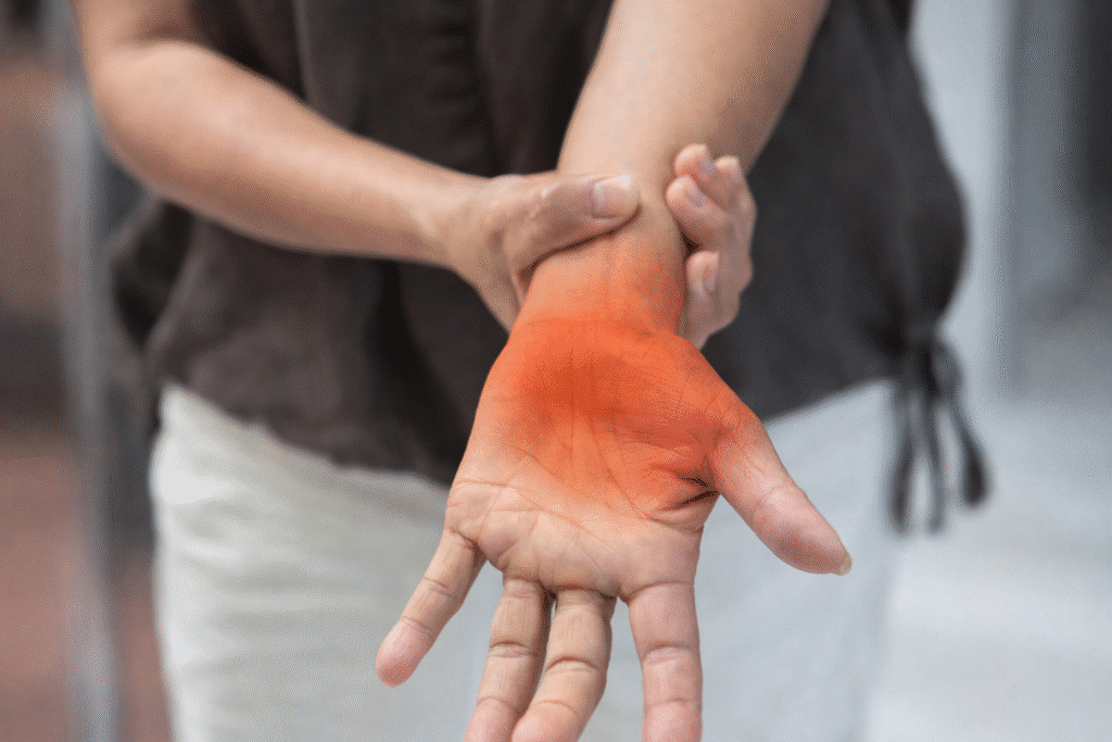 Woman with a nerve injury clutches her painful wrist in Chicago