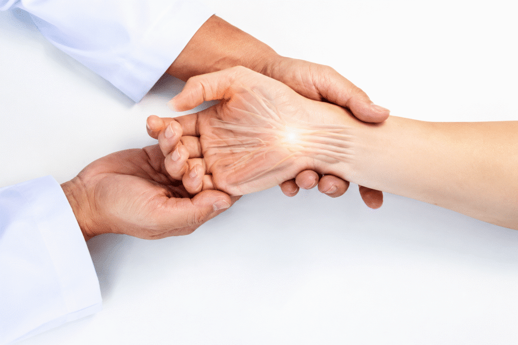 orthopedic-doctor-surgeon-uniform-examined Close-up of a doctor holding a patient hand with an illustration highlighting the nerve damage in her wrist.